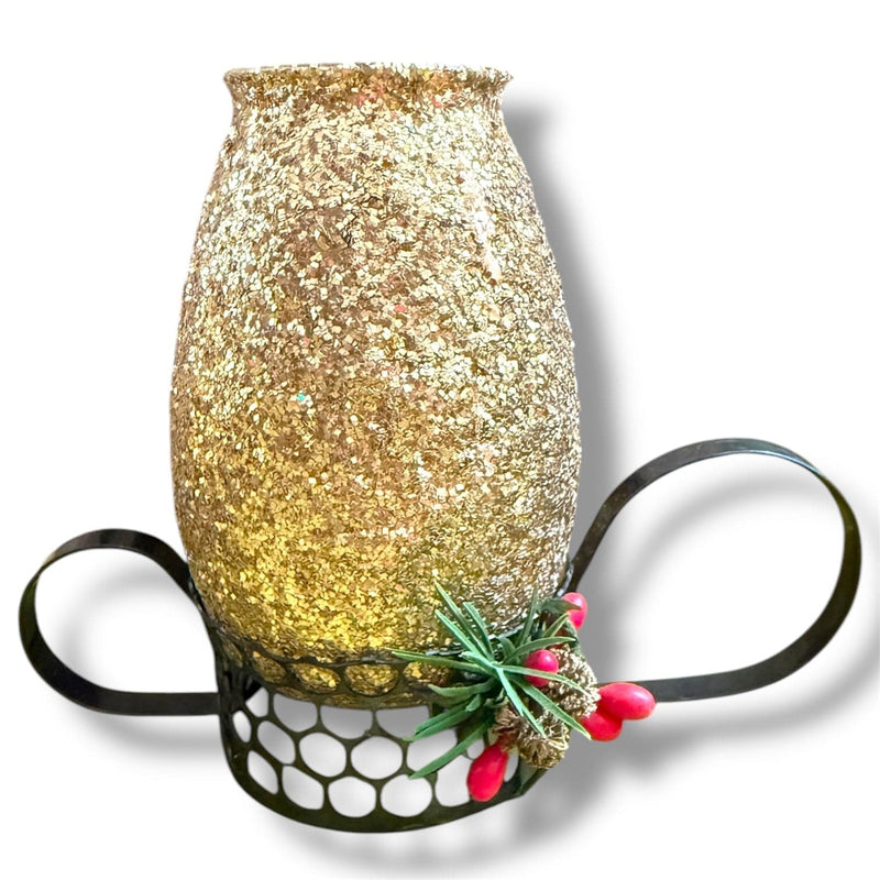 Quirks! candolier Vintage Christmas Gold Glitter Hurricane Glass Candles in Box x2