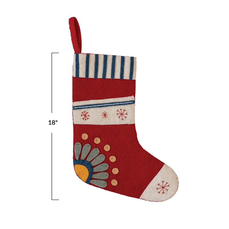 Quirks! Christmas 18"H Handmade Wool Felt Stocking w/ Embroidered Snowflakes & Flower