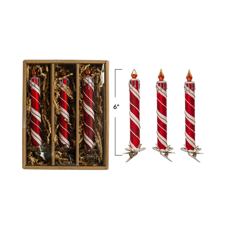 Quirks! Christmas 6"H Glass Candle Clip-on Ornaments w/ Glitter, Red & White, Boxed Set of 3 by Creative Co-Op
