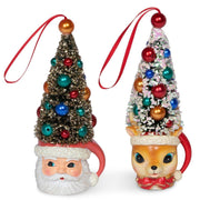 Quirks! Christmas Figurine Retro Deer and Santa Mug with Sisal Tree Ornament Set of 2