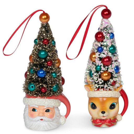 Quirks! Christmas Figurine Retro Deer and Santa Mug with Sisal Tree Ornament Set of 2
