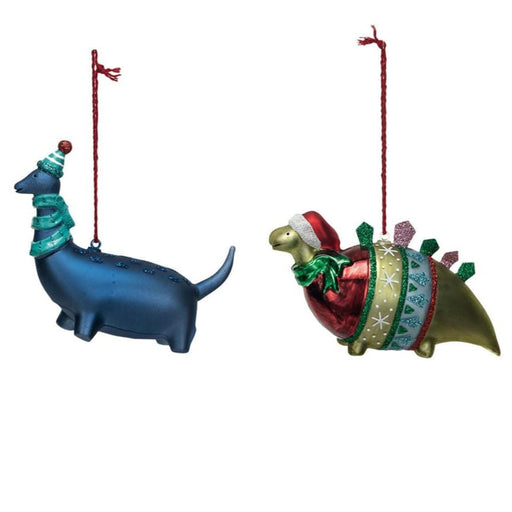 Quirks! Christmas Glass Dinosaur w/ Glitter & Winter Clothes Ornament, 2 Styles