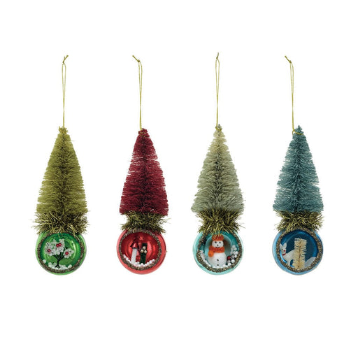 Quirks! Christmas Glass Diorama Ornament w/ Bottle Brush Tree, Set of 4