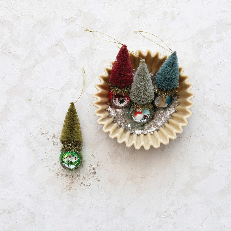 Quirks! Christmas Glass Diorama Ornament w/ Bottle Brush Tree, Set of 4