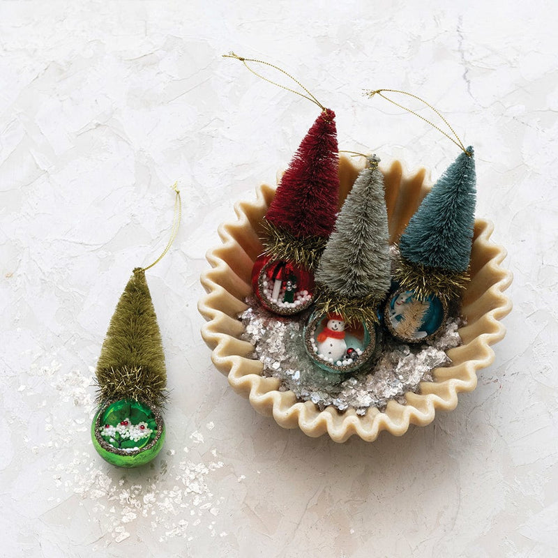 Quirks! Christmas Glass Diorama Ornament w/ Bottle Brush Tree, Set of 4