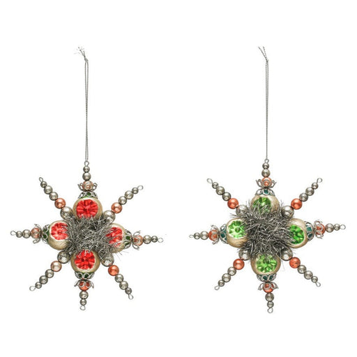 Quirks! Christmas Glass Vintage Style Snowflake Ornament w/ Tinsel, Set of 2 Colors