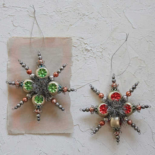 Quirks! Christmas Glass Vintage Style Snowflake Ornament w/ Tinsel, Set of 2 Colors