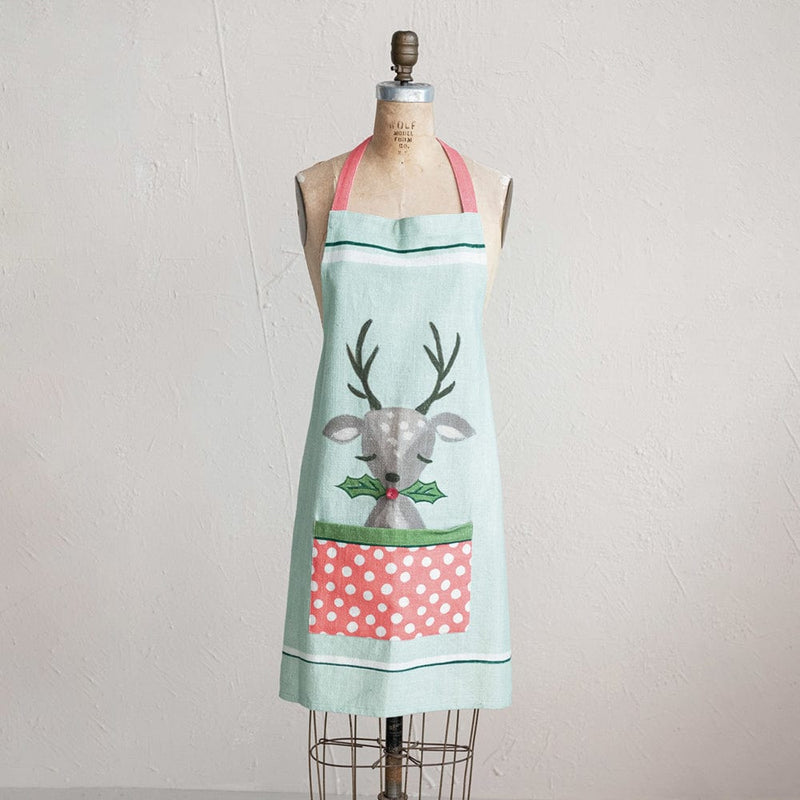 Quirks! Christmas Printed Apron w/ Reindeer, Holly & Polka Dot Pocket