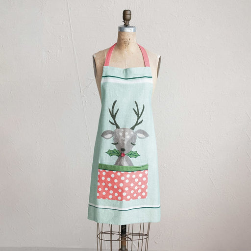 Quirks! Christmas Printed Apron w/ Reindeer, Holly & Polka Dot Pocket