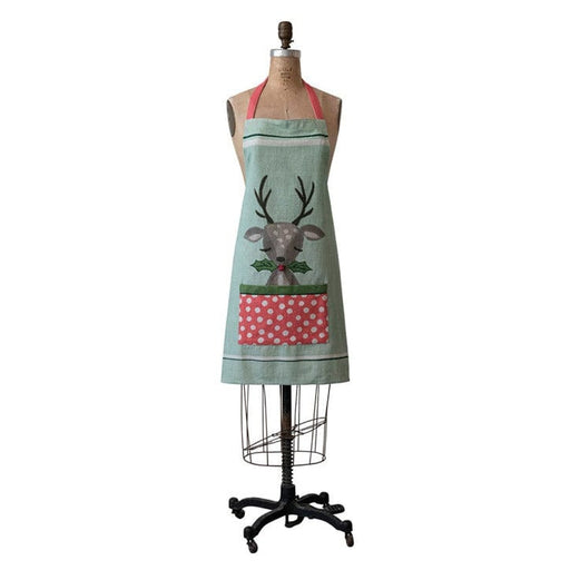 Quirks! Christmas Printed Apron w/ Reindeer, Holly & Polka Dot Pocket