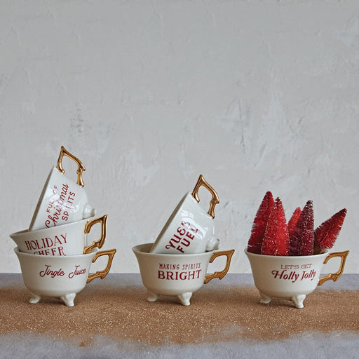 Quirks! Christmas Set of 6 Sassy Holiday Footed Teacups w/ Gold Electroplating