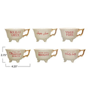 Quirks! Christmas Set of 6 Sassy Holiday Footed Teacups w/ Gold Electroplating