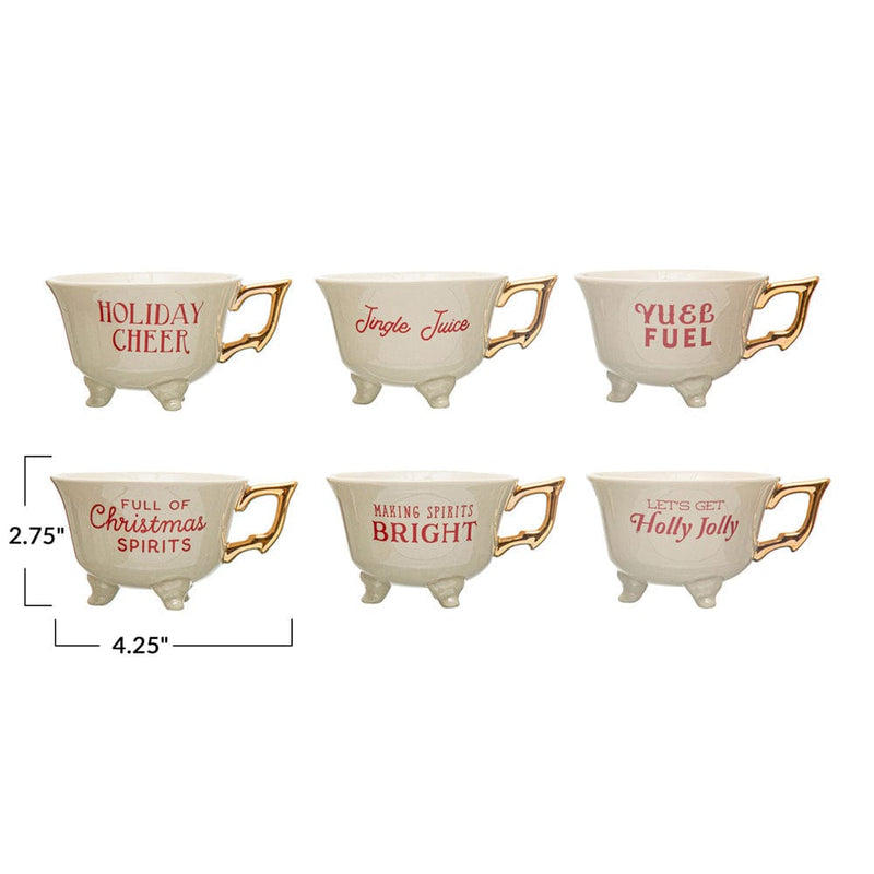 Quirks! Christmas Set of 6 Sassy Holiday Footed Teacups w/ Gold Electroplating