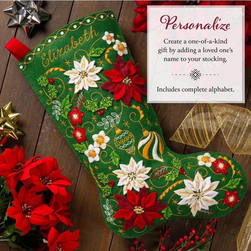 Quirks! Christmas Stocking Bucilla Poinsettia Elegance Felt Stocking
