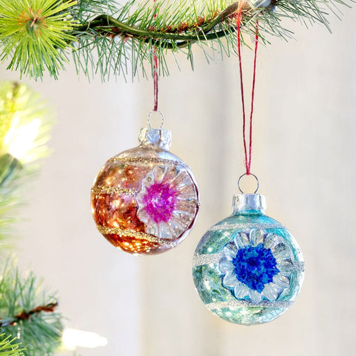 Quirks! Christmas Vintage Reflector Ball Ornaments Pink & Blue Set of 2