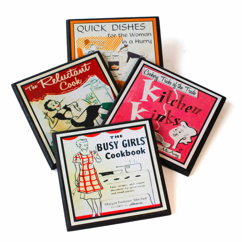 Quirks! coaster set Funny Vintage Cookbook Cover Kitchen Coasters