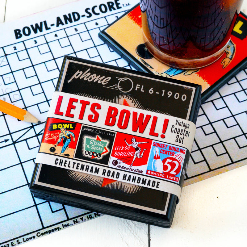 Quirks! coaster set Lets Bowl!  Vintage Bowling Coaster Set