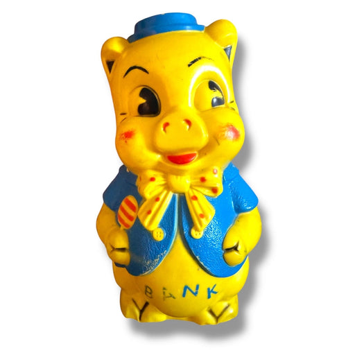 Quirks! Collectible Figurines Vintage 10” Yellow Blue Empire Pig Piggy Blow Mold Plastic Bank