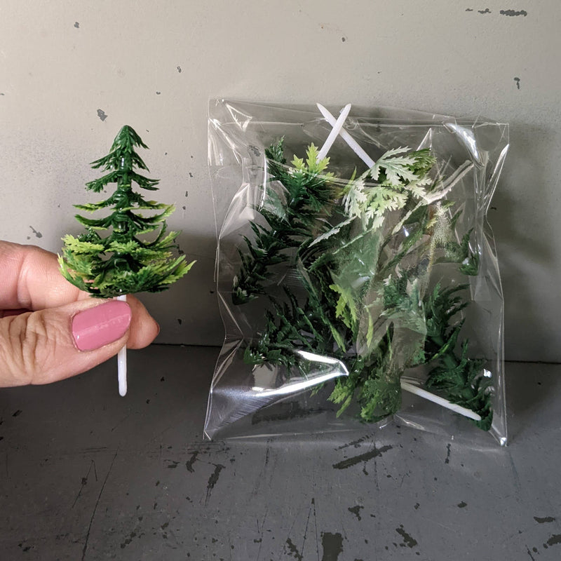 Quirks! craft supplies Vintage Plastic Evergreen Tree Cupcake Picks New Old Stock
