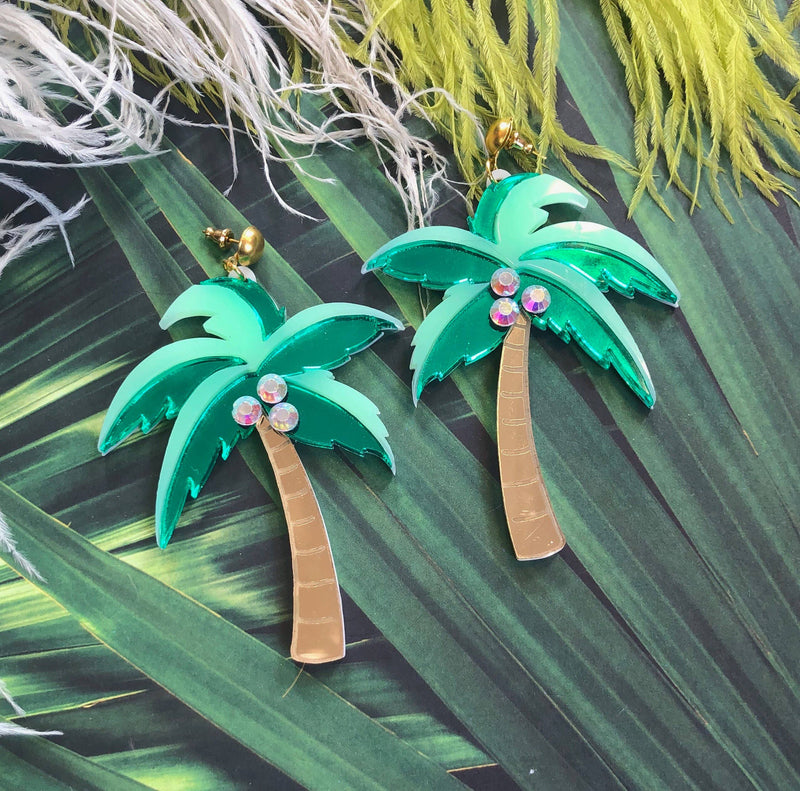 Quirks! Earrings Mirrored Palm Tree Earrings With Rhinestones