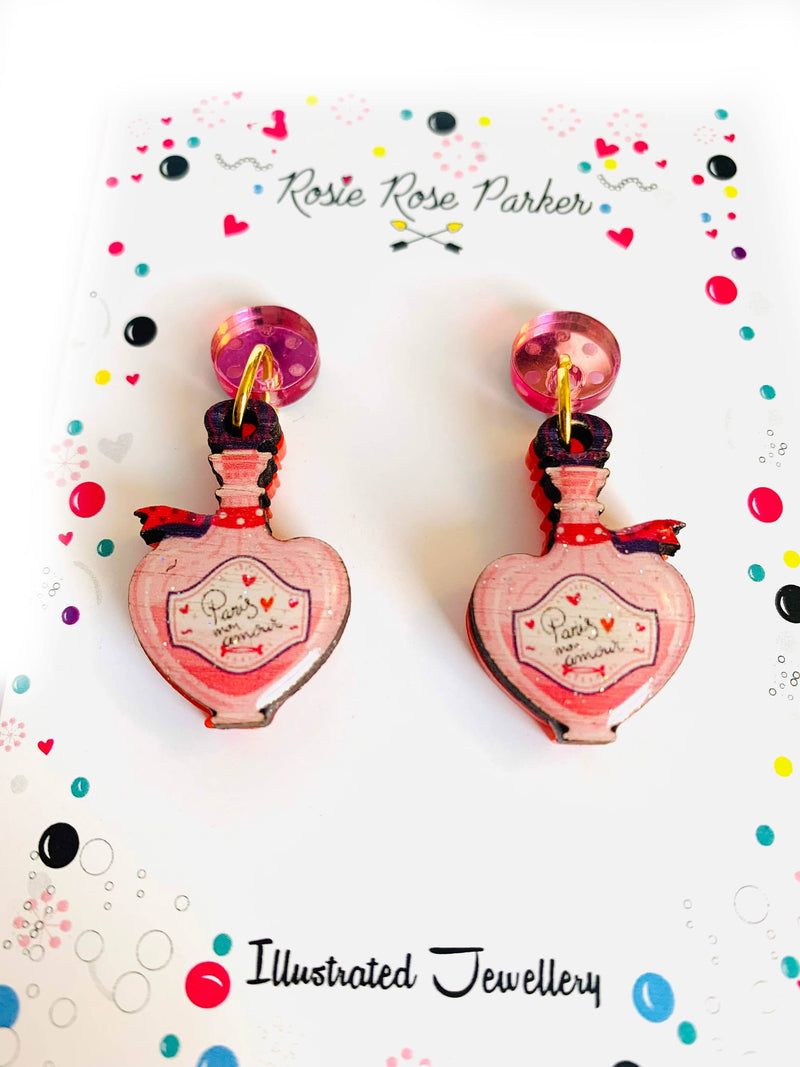 Quirks! Earrings Paris Mon Amour Perfume Bottle Statement Earrings
