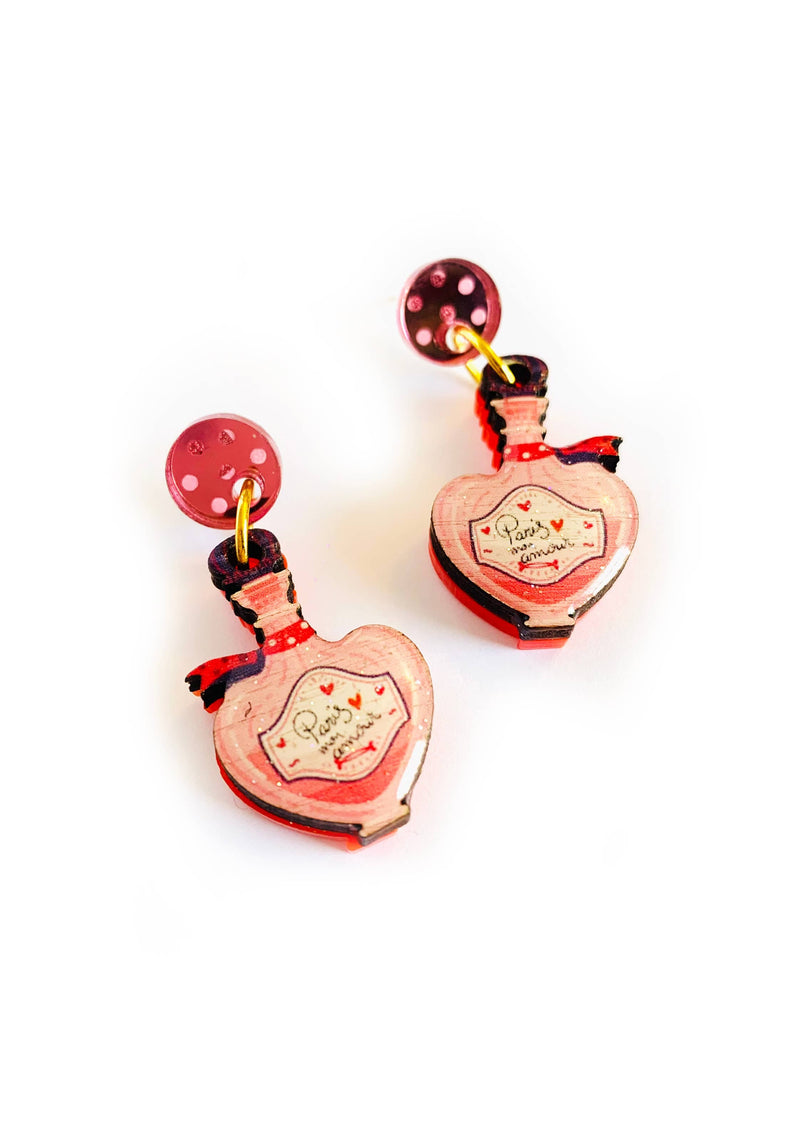 Quirks! Earrings Paris Mon Amour Perfume Bottle Statement Earrings