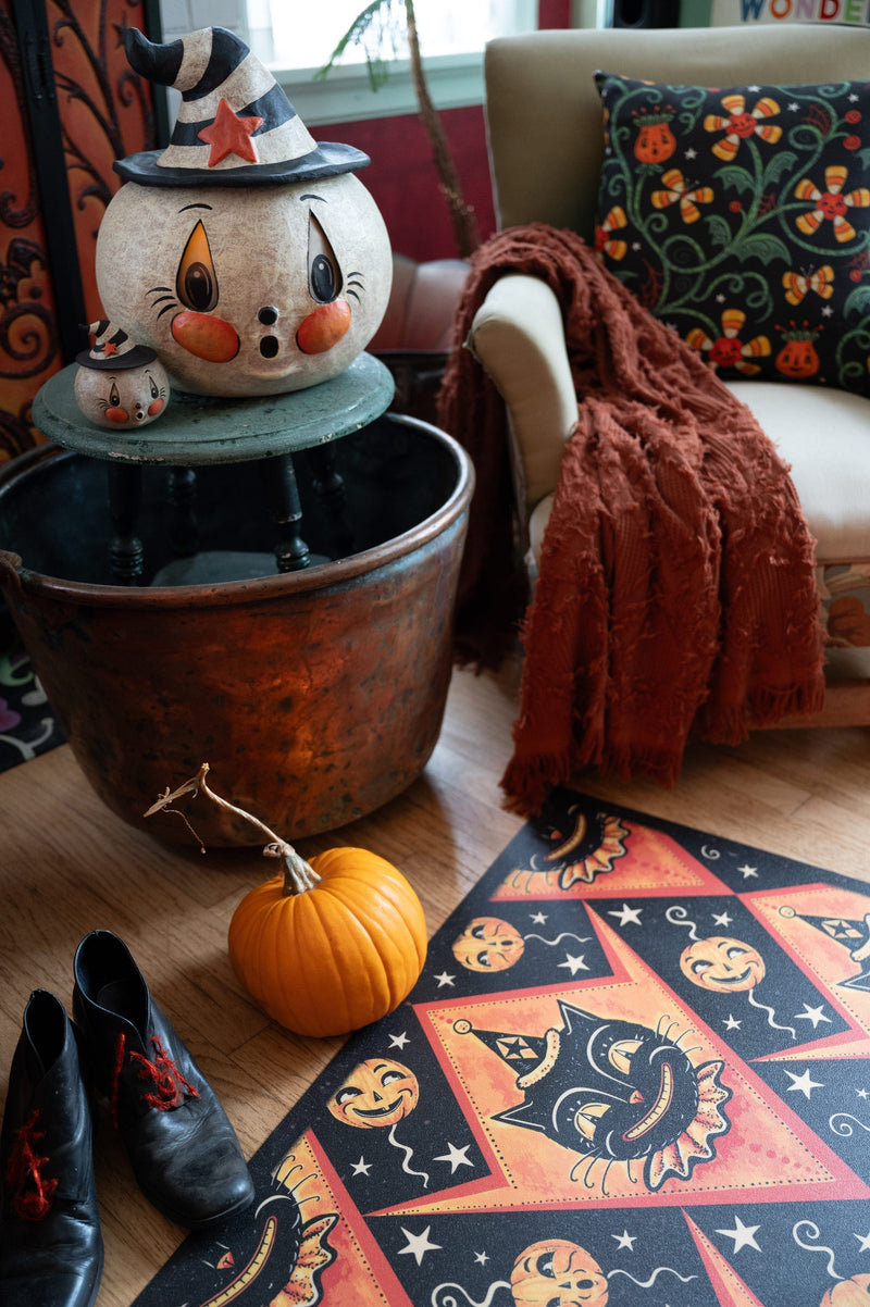 Quirks! floor mat Grinning Black Cat Jack 56” Harlequin Vinyl Floor Decor