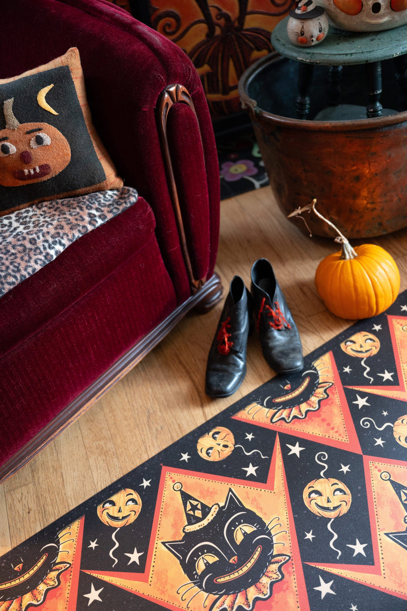 Quirks! floor mat Grinning Black Cat Jack 56” Harlequin Vinyl Floor Decor