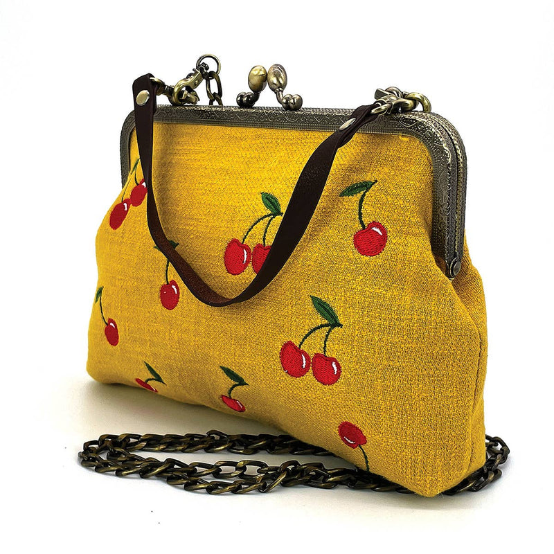Quirks! handbag Cherry Kisslock Handbag in Linen + Cotton blend fabric: BLACK