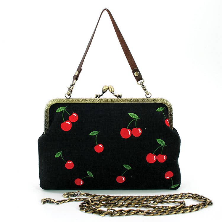 Quirks! handbag Cherry Kisslock Handbag in Linen + Cotton blend fabric: BLACK