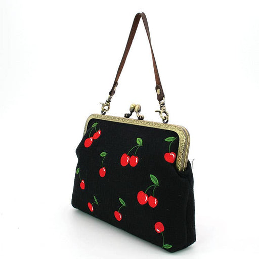 Quirks! handbag Cherry Kisslock Handbag in Linen + Cotton blend fabric: BLACK
