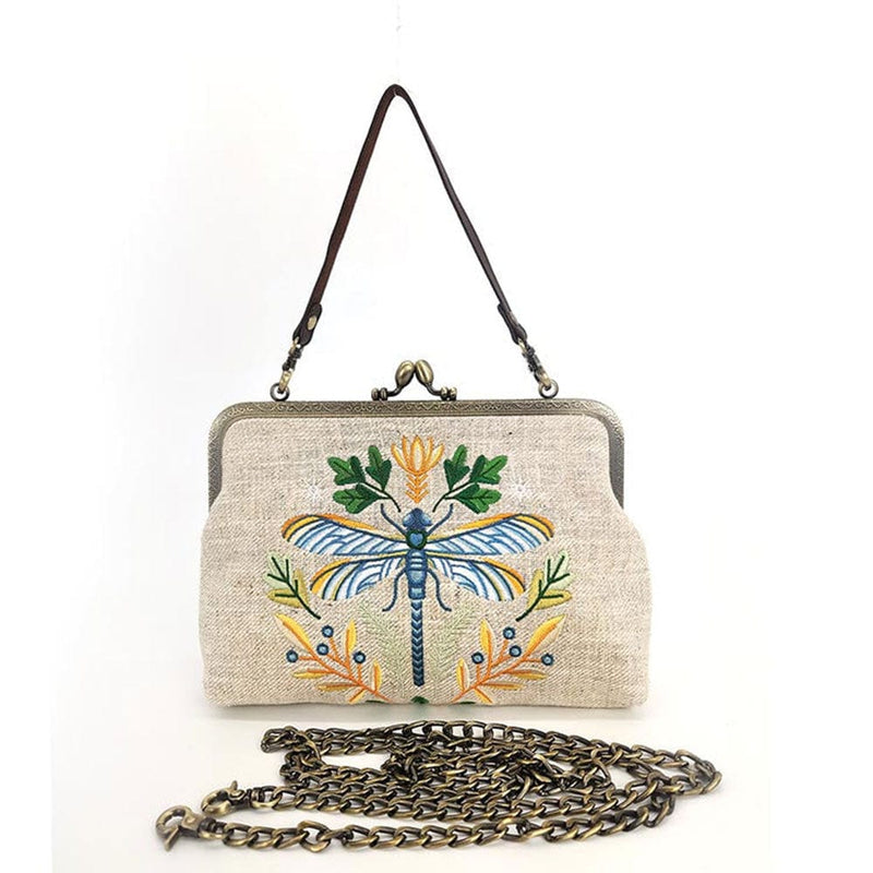 Quirks! handbag Dragonfly Embroidered Vintage-Style Kisslock Handbag : Beige