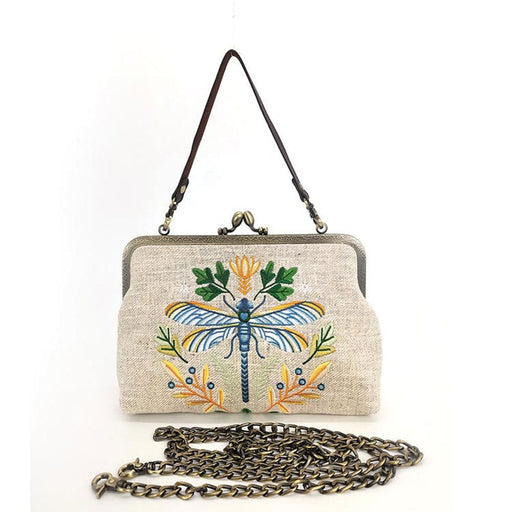 Quirks! handbag Dragonfly Embroidered Vintage-Style Kisslock Handbag : Beige