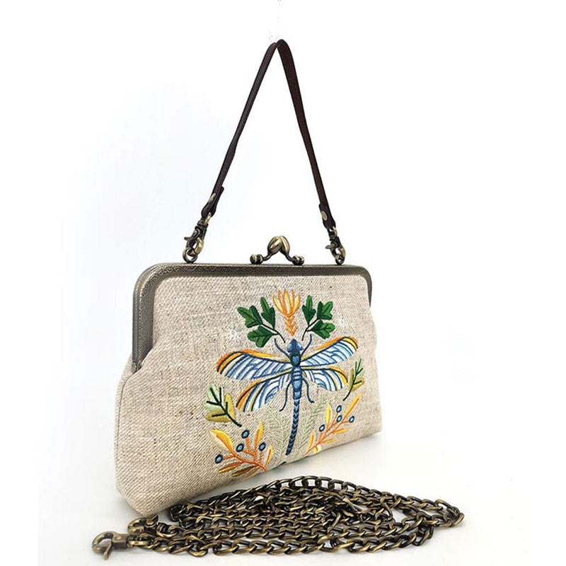 Quirks! handbag Dragonfly Embroidered Vintage-Style Kisslock Handbag : Beige