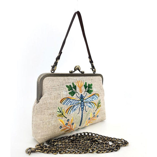 Quirks! handbag Dragonfly Embroidered Vintage-Style Kisslock Handbag : Beige