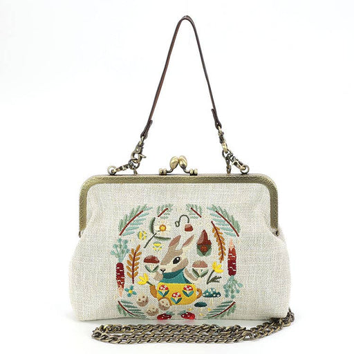 Quirks! Handbags Embroidered Bunny on Linen Vintage Style Kisslock Handbag