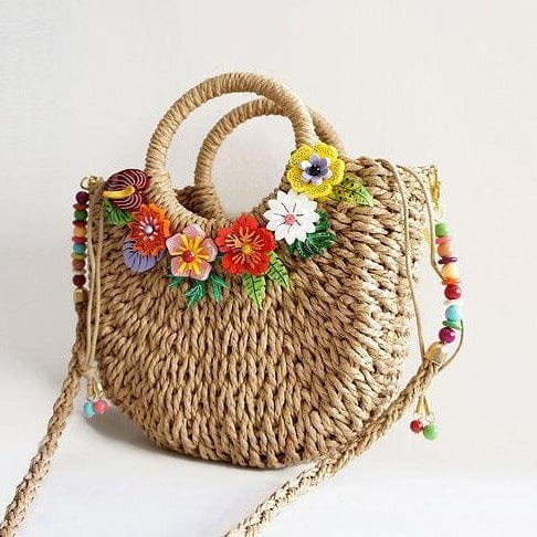 Quirks! Handbags Straw Bag with Acrylic Tropical Flowers by Laliblue