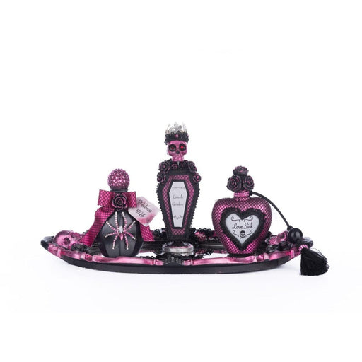 Quirks! Katherine's Collection Halloween, Halloween, Seasonal Decor Pink Passion Vanity Tray with Bottles Set by Katherine's Collection