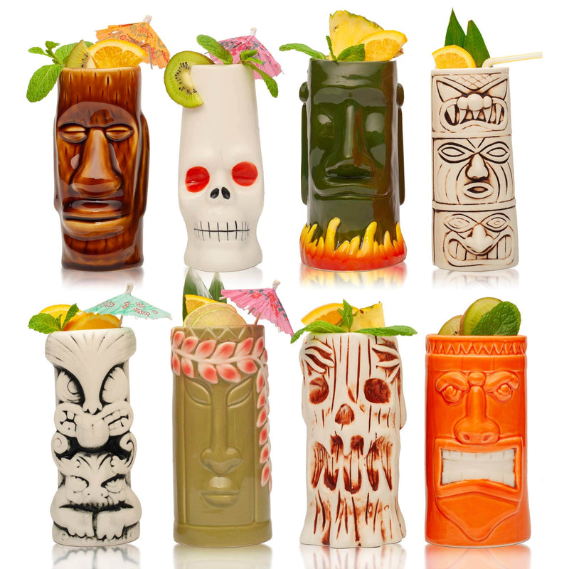 Quirks! Mugs Hand-Carved and Hand-Painted Tiki Mugs - Assorted Set of 8