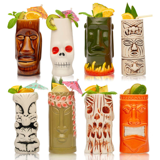 Quirks! Mugs Hand-Carved and Hand-Painted Tiki Mugs - Assorted Set of 8