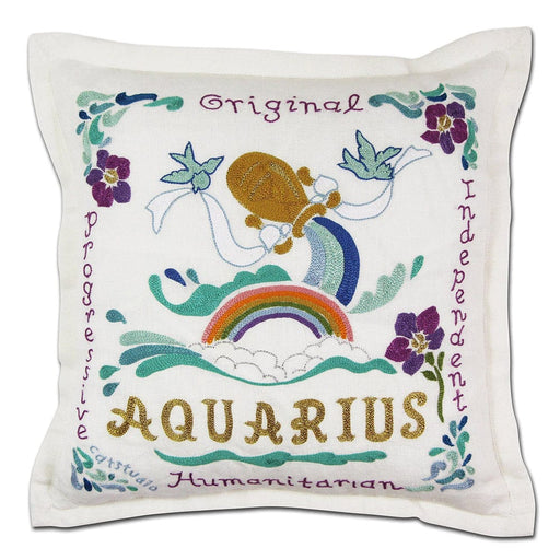 Quirks! Pillows Aquarius Astrology Hand-Embroidered Pillow by Cat Studio