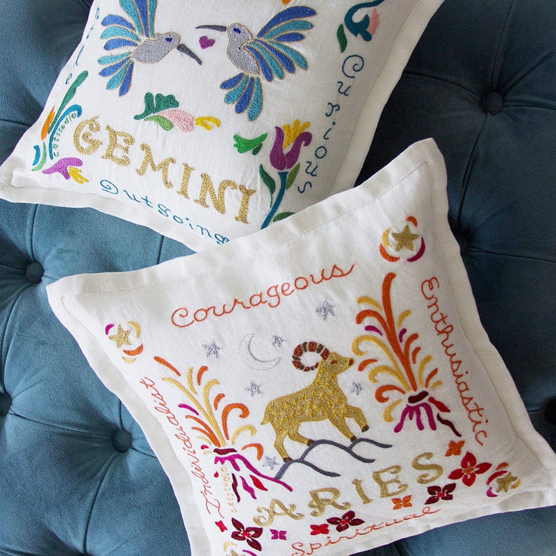 Quirks! Pillows Gemini Astrology Hand-Embroidered Pillow by Cat Studio