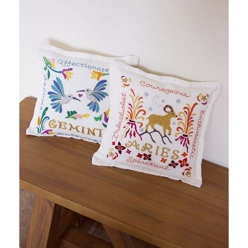 Quirks! Pillows Gemini Astrology Hand-Embroidered Pillow by Cat Studio