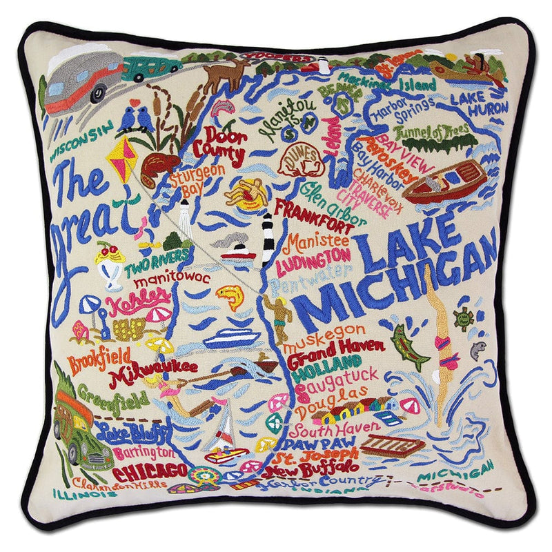 Quirks! Pillows Lake Michigan Hand-Embroidered Pillow