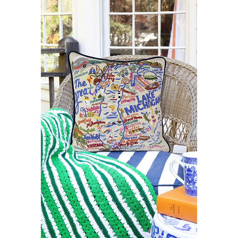 Quirks! Pillows Lake Michigan Hand-Embroidered Pillow