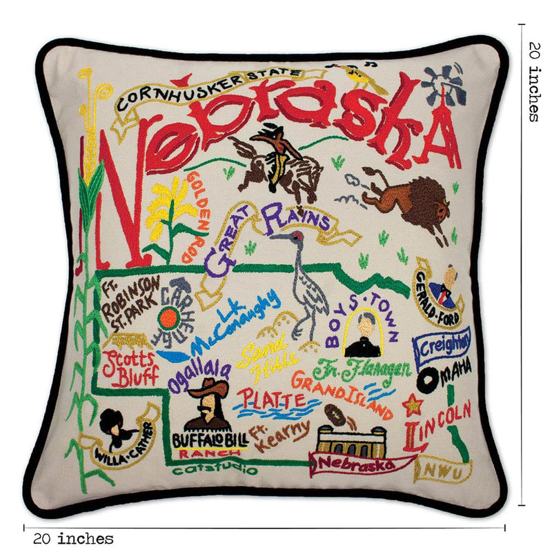 Quirks! Pillows Nebraska Hand-Embroidered Pillow