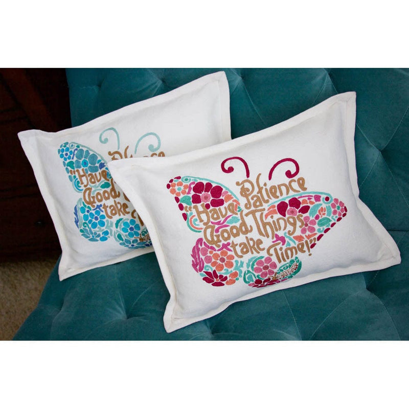Quirks! Pillows Patience Butterfly Love Letters Hand-Embroidered Pillow - Available in Pink or Blue by CatStudio