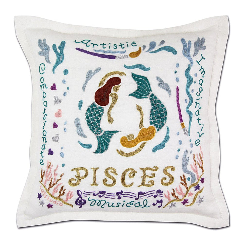 Quirks! Pillows Pisces Astrology Hand-Embroidered Pillow by Cat Studio
