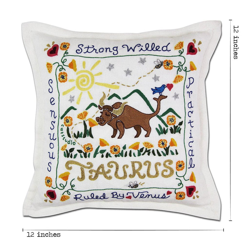 Quirks! Pillows Taurus Astrology Hand-Embroidered Pillow by Cat Studio