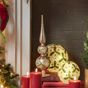 Quirks! Seasonal Decor, Christmas 16.5" Holly Leaf Glass Christmas Finial Decoration